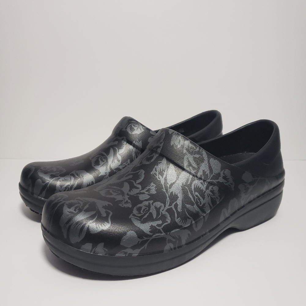 Crocs Neria Pro II No-Slip Clog Shoes Floral Metallic Black Comfort Women's Sz 9